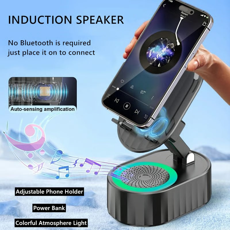 ⚡Flash Sale: 70% Off🔥2025 Upgraded Cell Phone Stand with Induction Speaker/Power Bank/Atmosphere Light