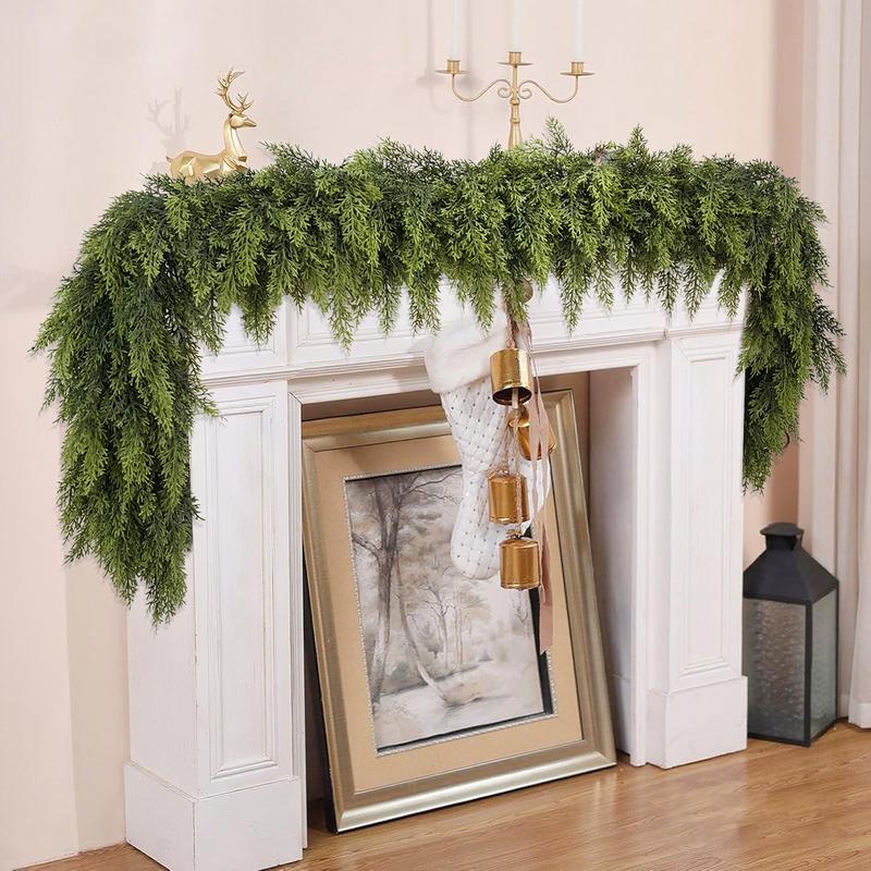 Artificial Cedar Garlands, Real Touch Winter Cedar Garland, Green Artificial Greenery Pine Garland for Table, Mantle, Wall, Indoor, Outdoor Christmas Decoration