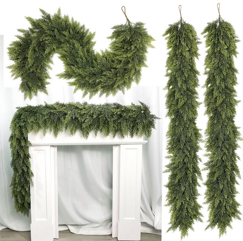 Artificial Cedar Garlands, Real Touch Winter Cedar Garland, Green Artificial Greenery Pine Garland for Table, Mantle, Wall, Indoor, Outdoor Christmas Decoration