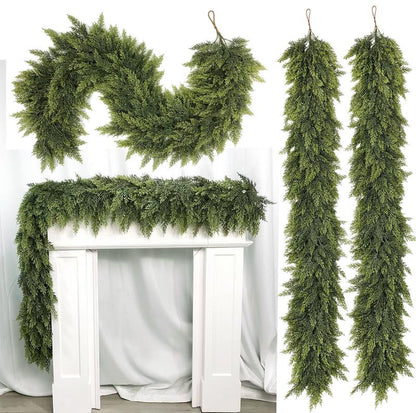 Artificial Cedar Garlands, Real Touch Winter Cedar Garland, Green Artificial Greenery Pine Garland for Table, Mantle, Wall, Indoor, Outdoor Christmas Decoration