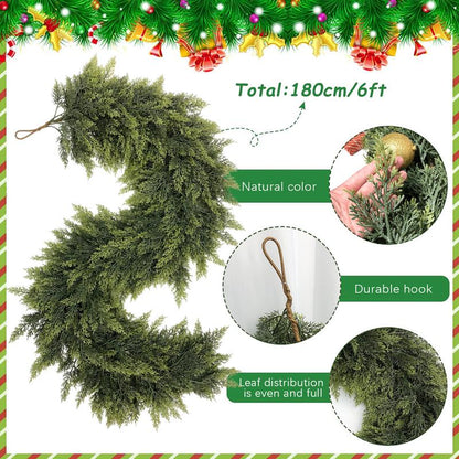 Artificial Cedar Garlands, Real Touch Winter Cedar Garland, Green Artificial Greenery Pine Garland for Table, Mantle, Wall, Indoor, Outdoor Christmas Decoration