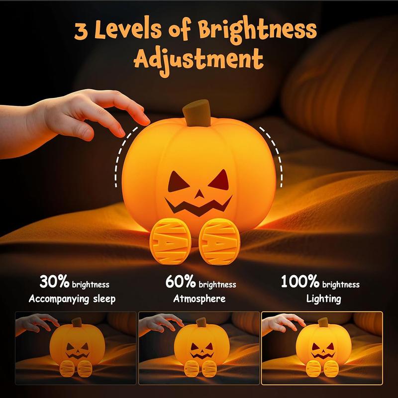 Halloween Pumpkin Night Light, Halloween Decorations Outdoor,Mini LED Pumpkin Lamp with 3 Level Dimmable, Nursery Nightlight for Kids, Silicone Rechargeable Bedside Touch Lamp, for Kids